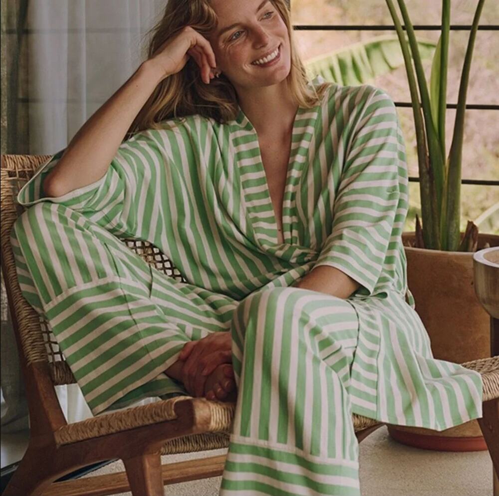 Pact Staycation Short Robe XS/S Hideaway Stripe Jade 100% Organic Cotton Lounge